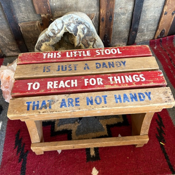 Vintage Wooden Stool with Red and Blue Text - Picture 1 of 11